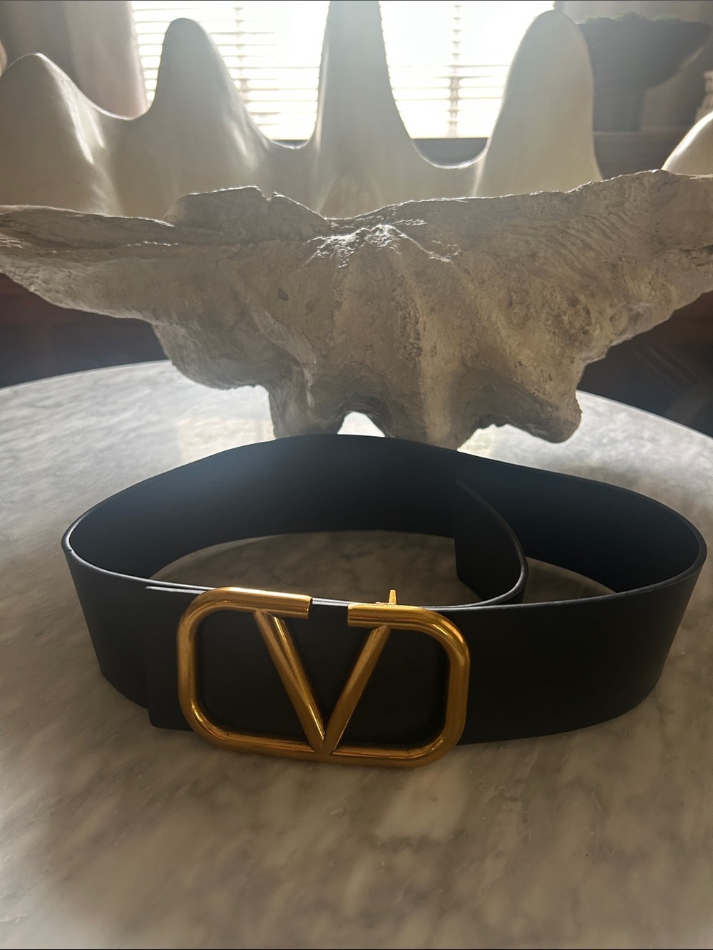 Valentino Garavani Black Leather Belt with Gold V-Logo Buckle